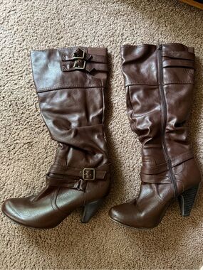Mojo Moxy Brown Leather Mid-Calf Buckle Heeled Boots